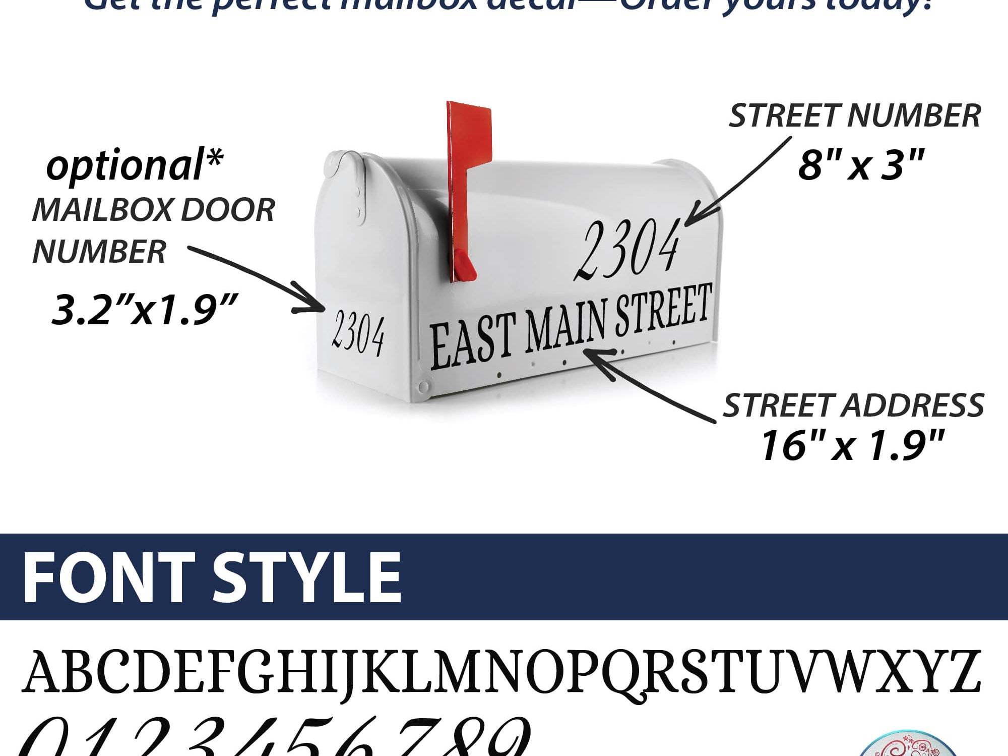 Reflective mailbox lettering size chart showing dimensions for street numbers, address decals, and optional door number. Available in multiple font styles.