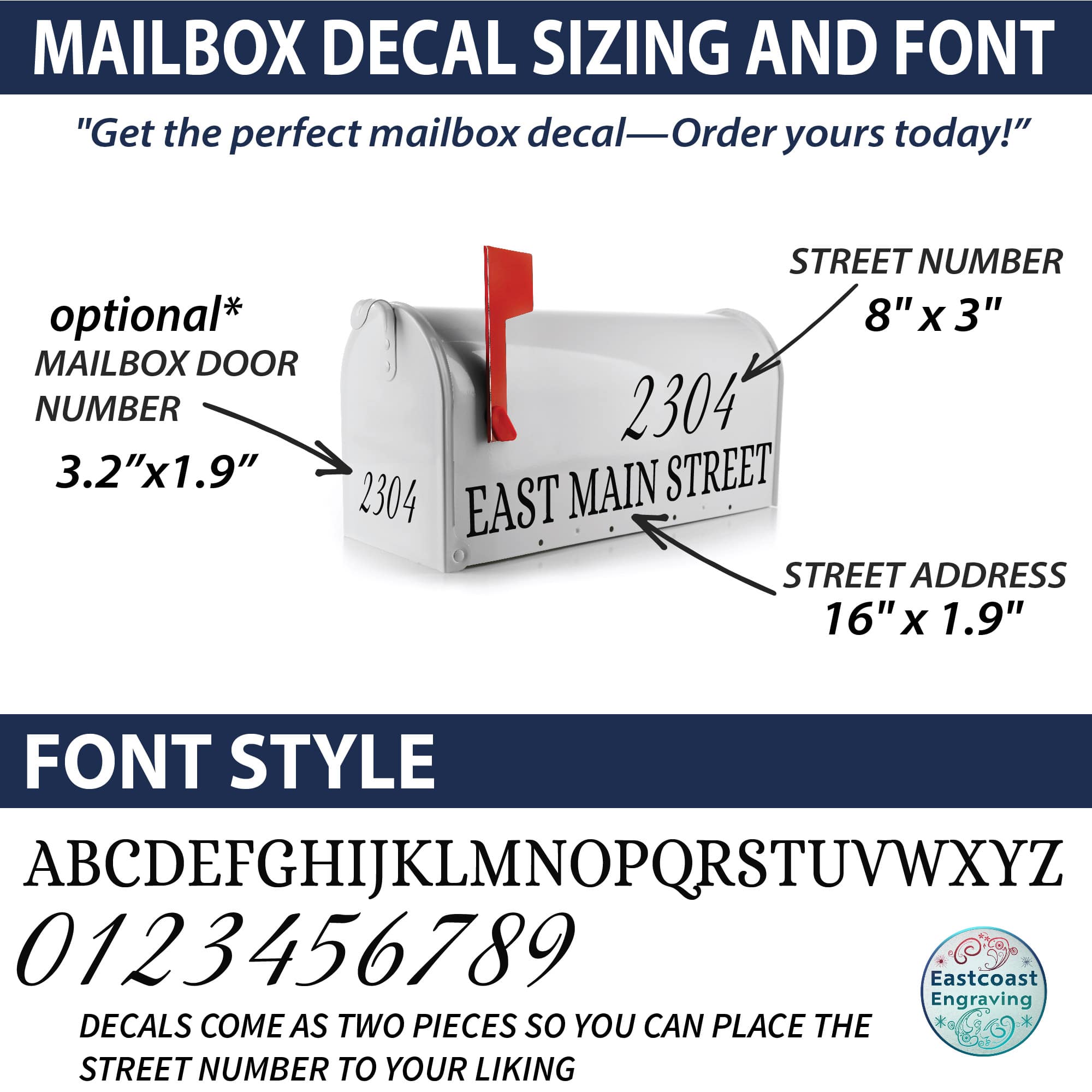 Reflective mailbox lettering size chart showing dimensions for street numbers, address decals, and optional door number. Available in multiple font styles.