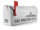 custom family name mailbox decal in script vinyl lettering