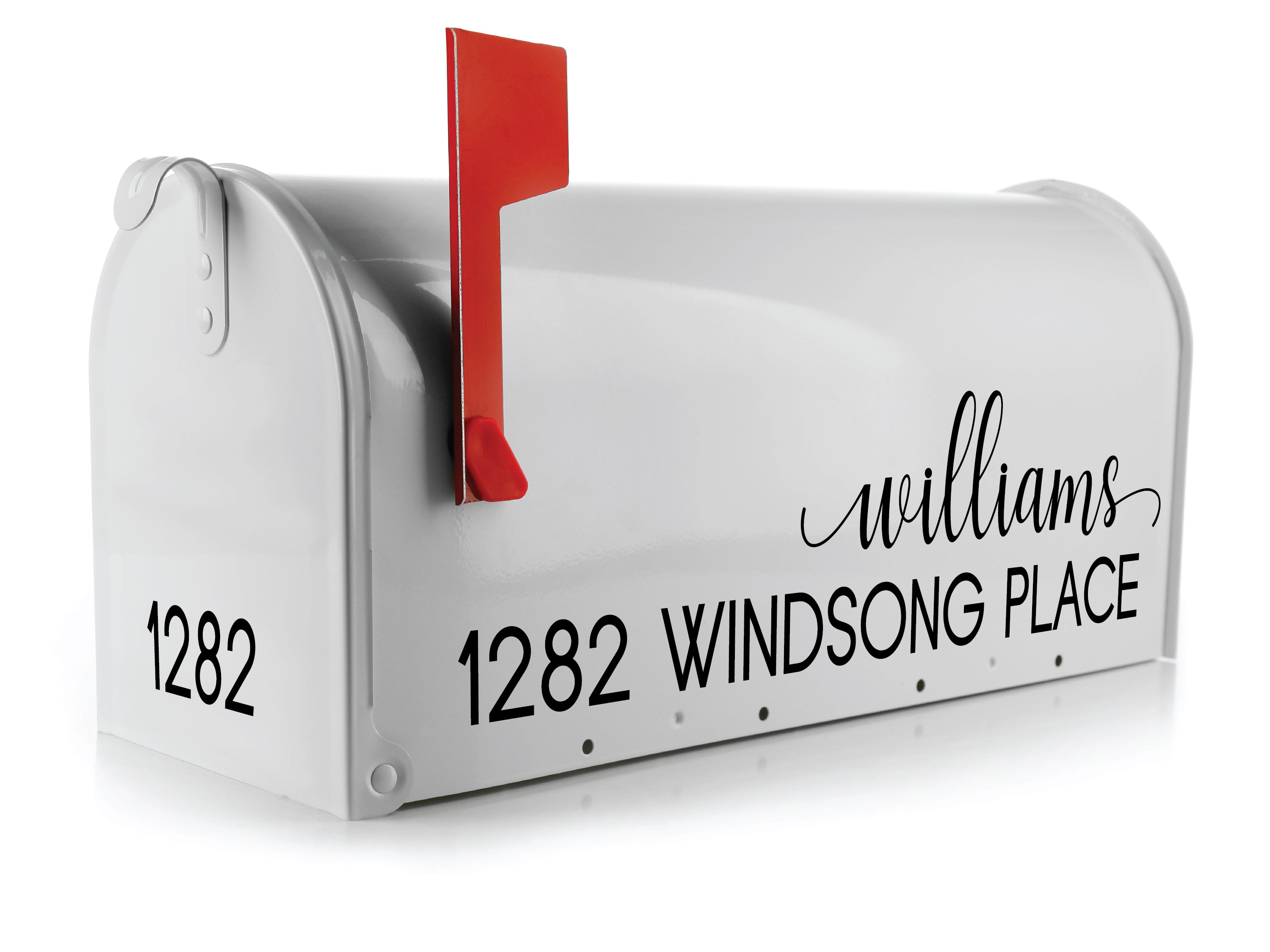 custom family name mailbox decal in script vinyl lettering