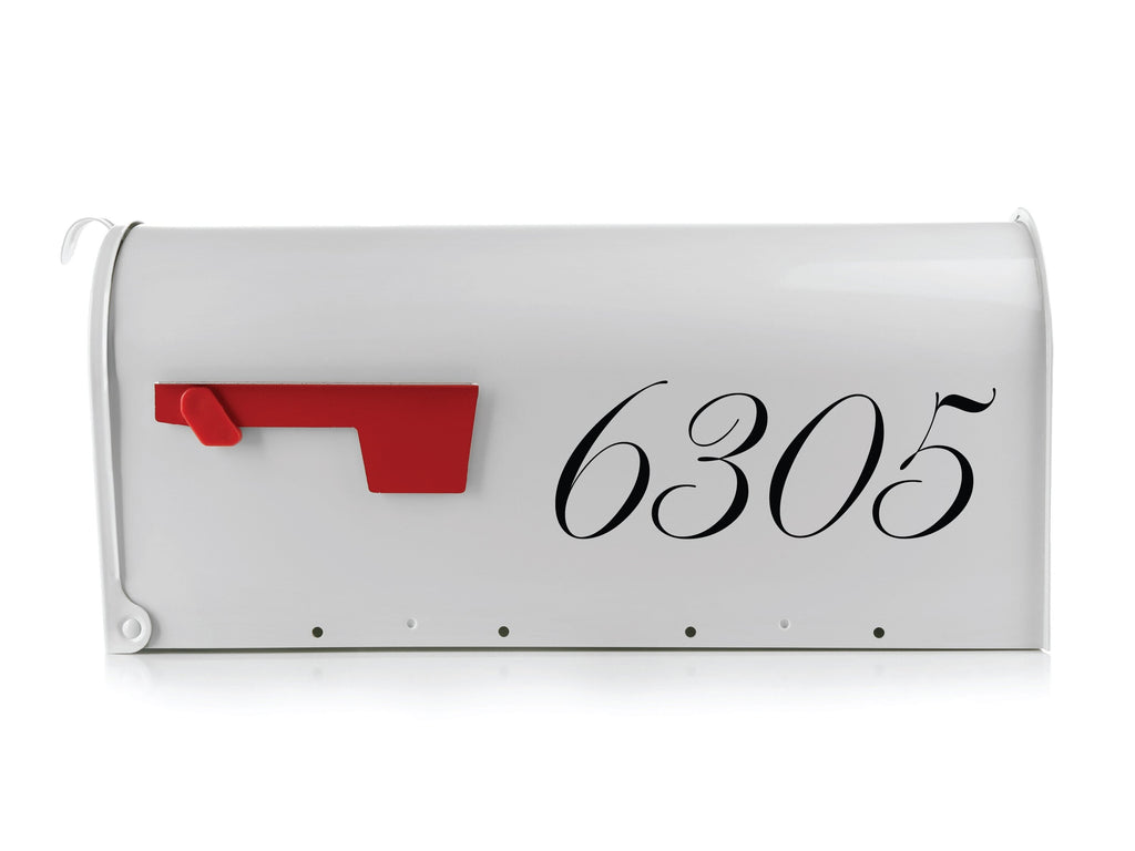 Elegant white mailbox adorned with a custom black script mailbox numbers decal, offering clear visibility and curb appeal.