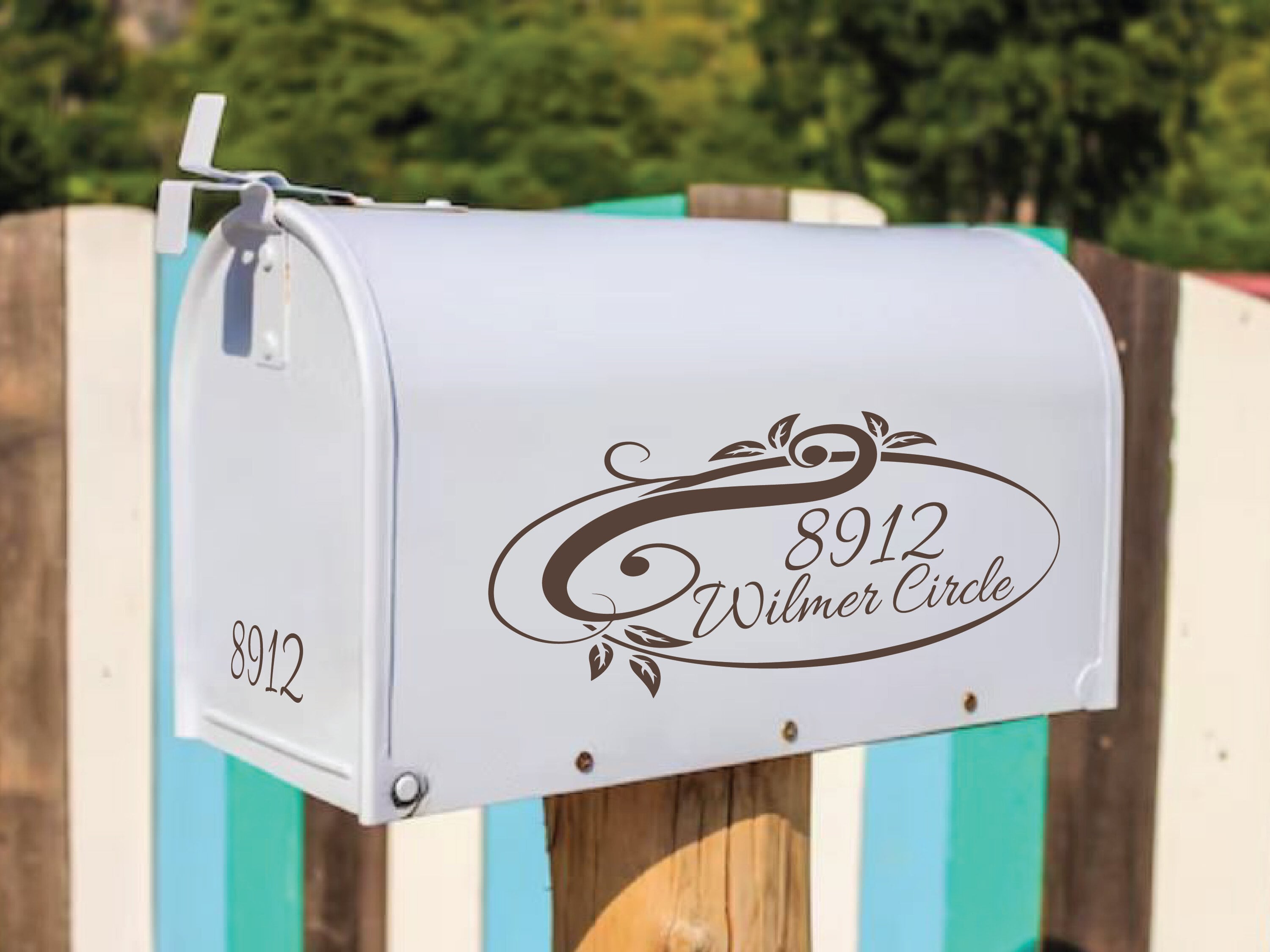 Custom scroll mailbox decal with house number and street name - Eastcoast Engraving