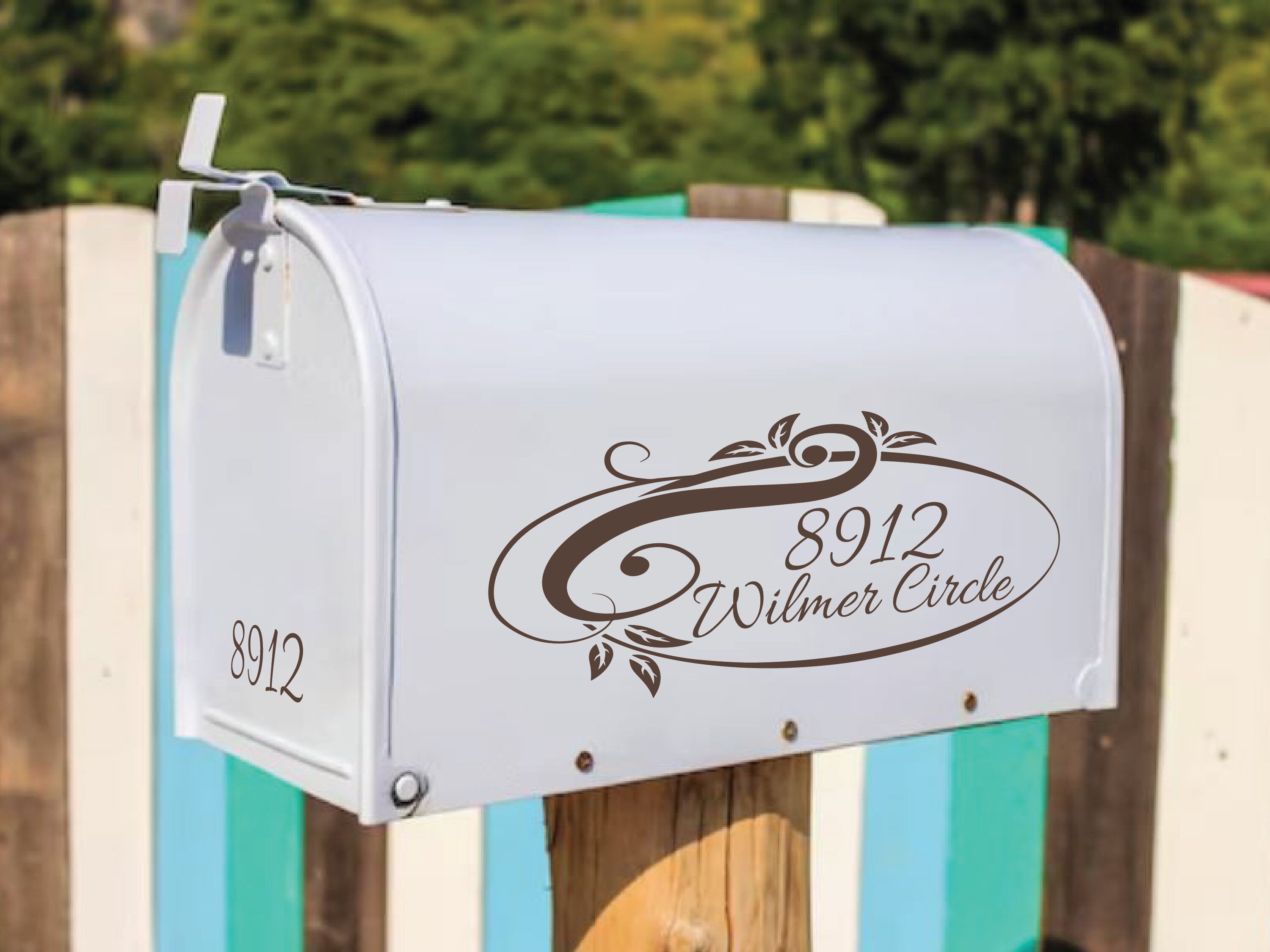 Custom scroll mailbox decal with house number and street name - Eastcoast Engraving