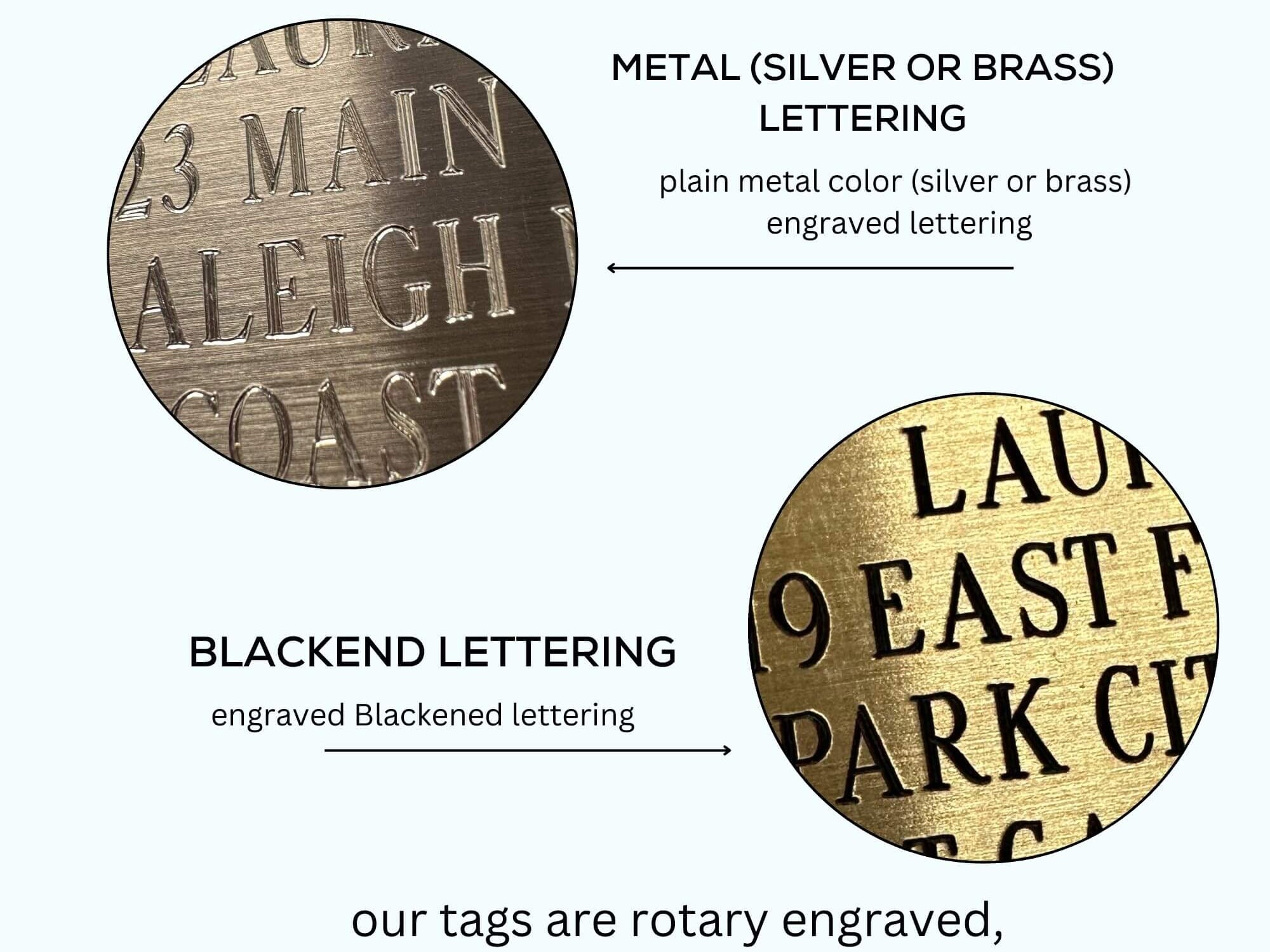Self-adhesive engraved brass tags with blackened and plain metal lettering options. Durable rotary-engraved labels for customization