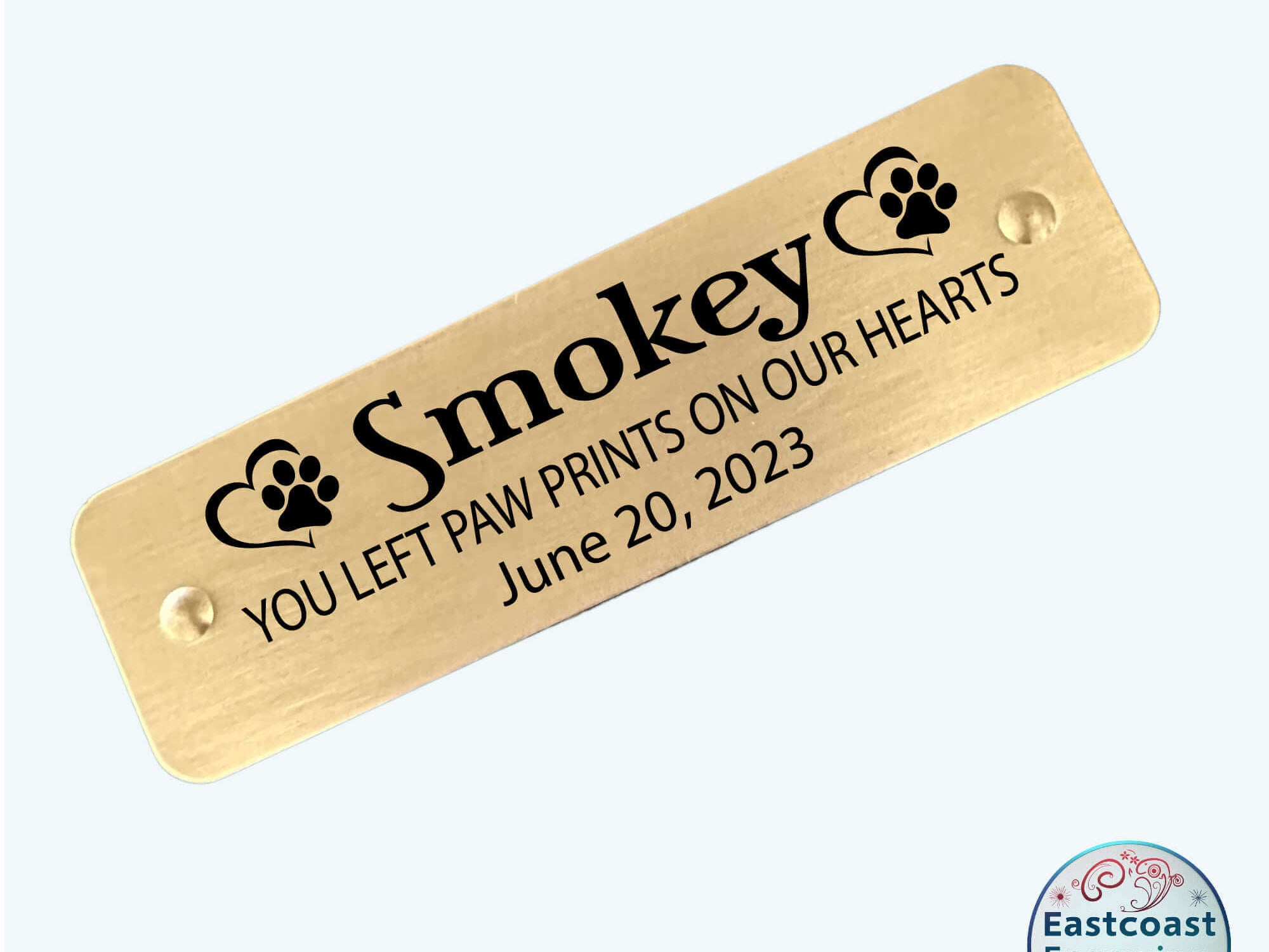 Custom pet memorial sticker tag with engraved brass nameplate.