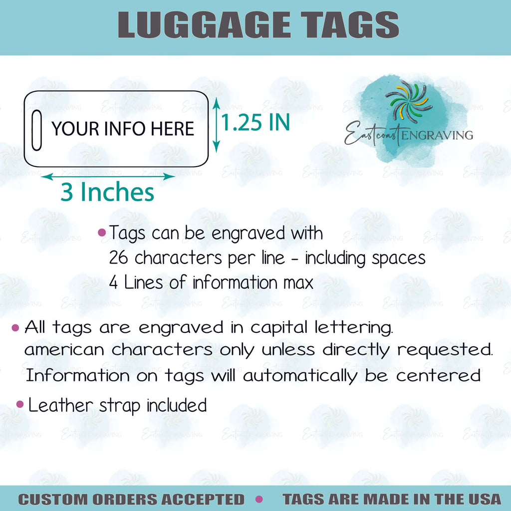 Personalized Black Aluminum Luggage Tag - Displaying Size and Customization Options