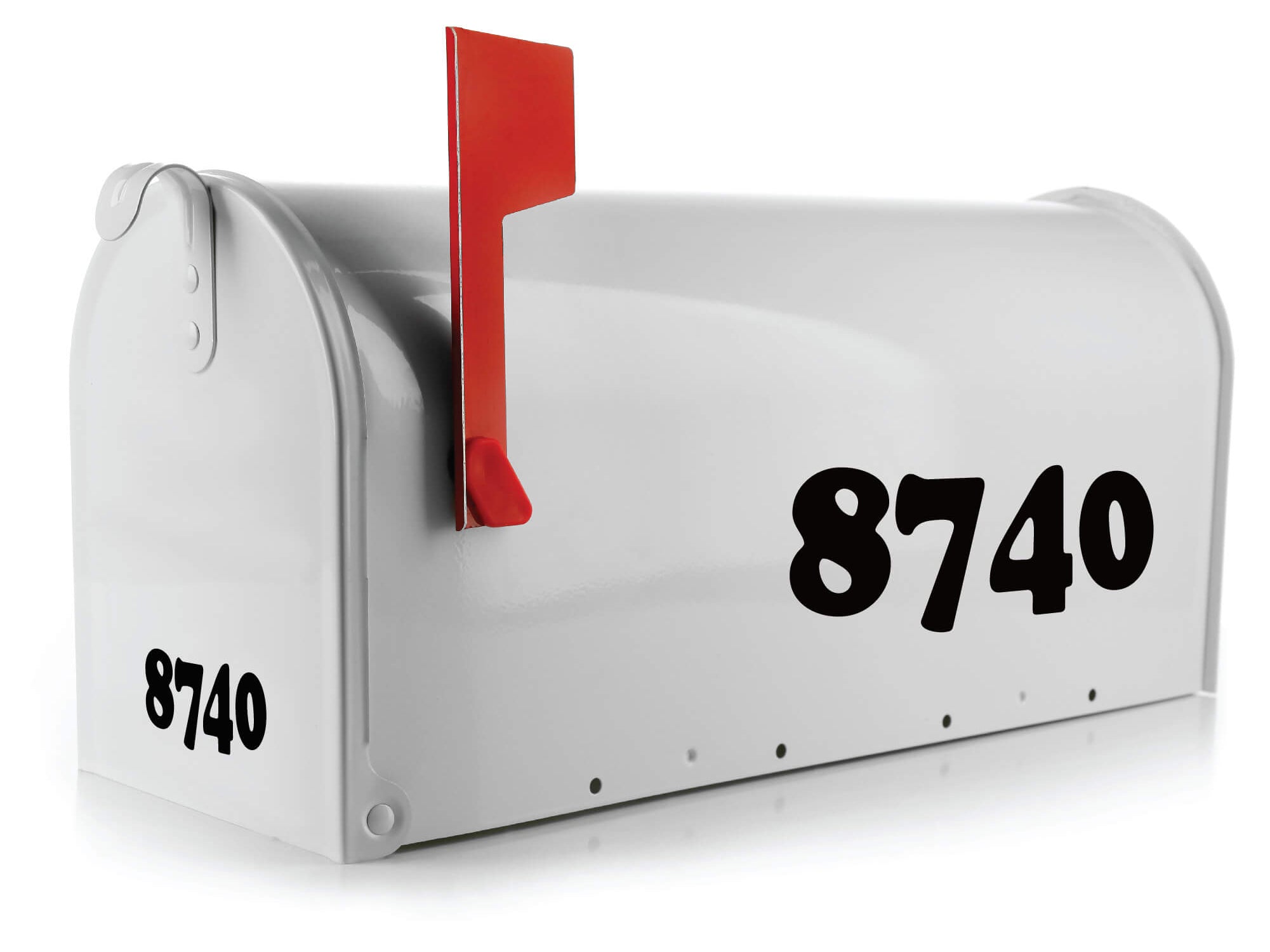 White mailbox with red flag and bold black vinyl address numbers “8740” on the side