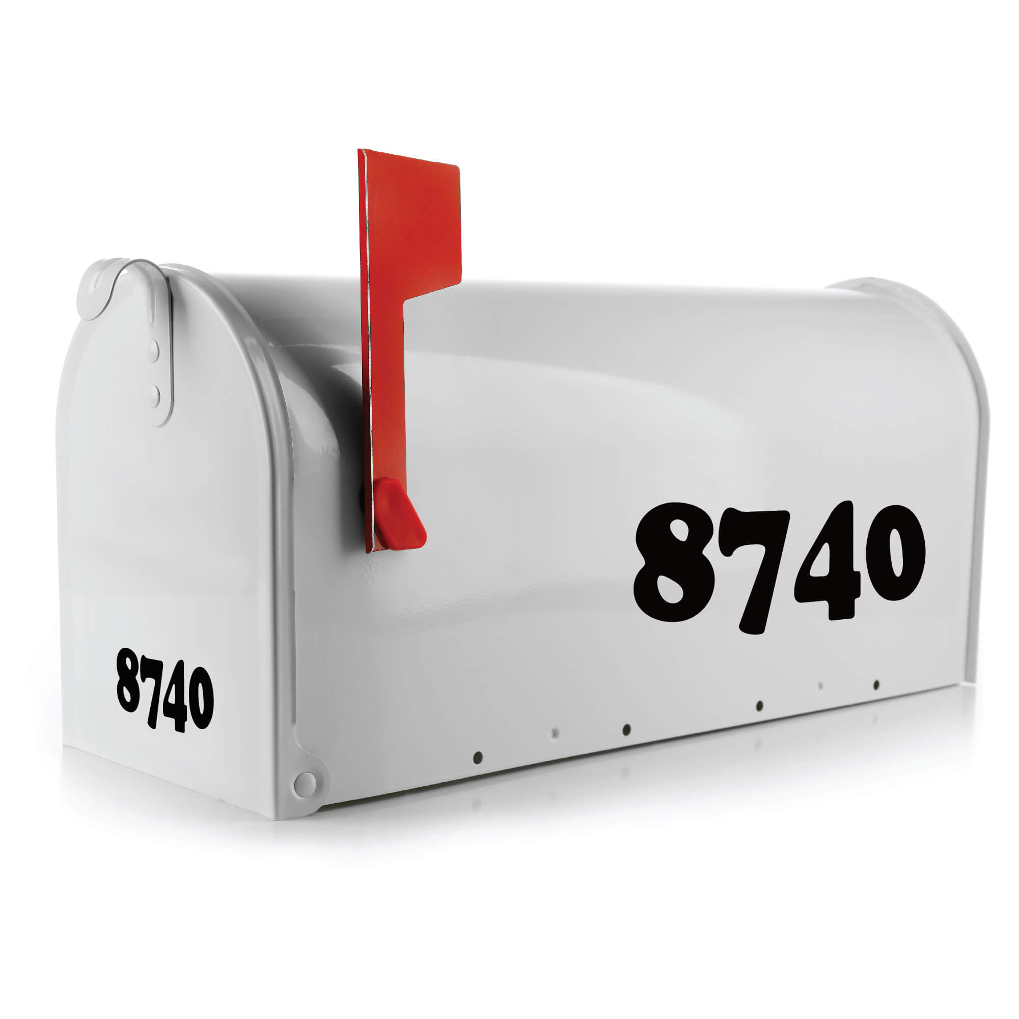 White mailbox with red flag and bold black vinyl address numbers “8740” on the side