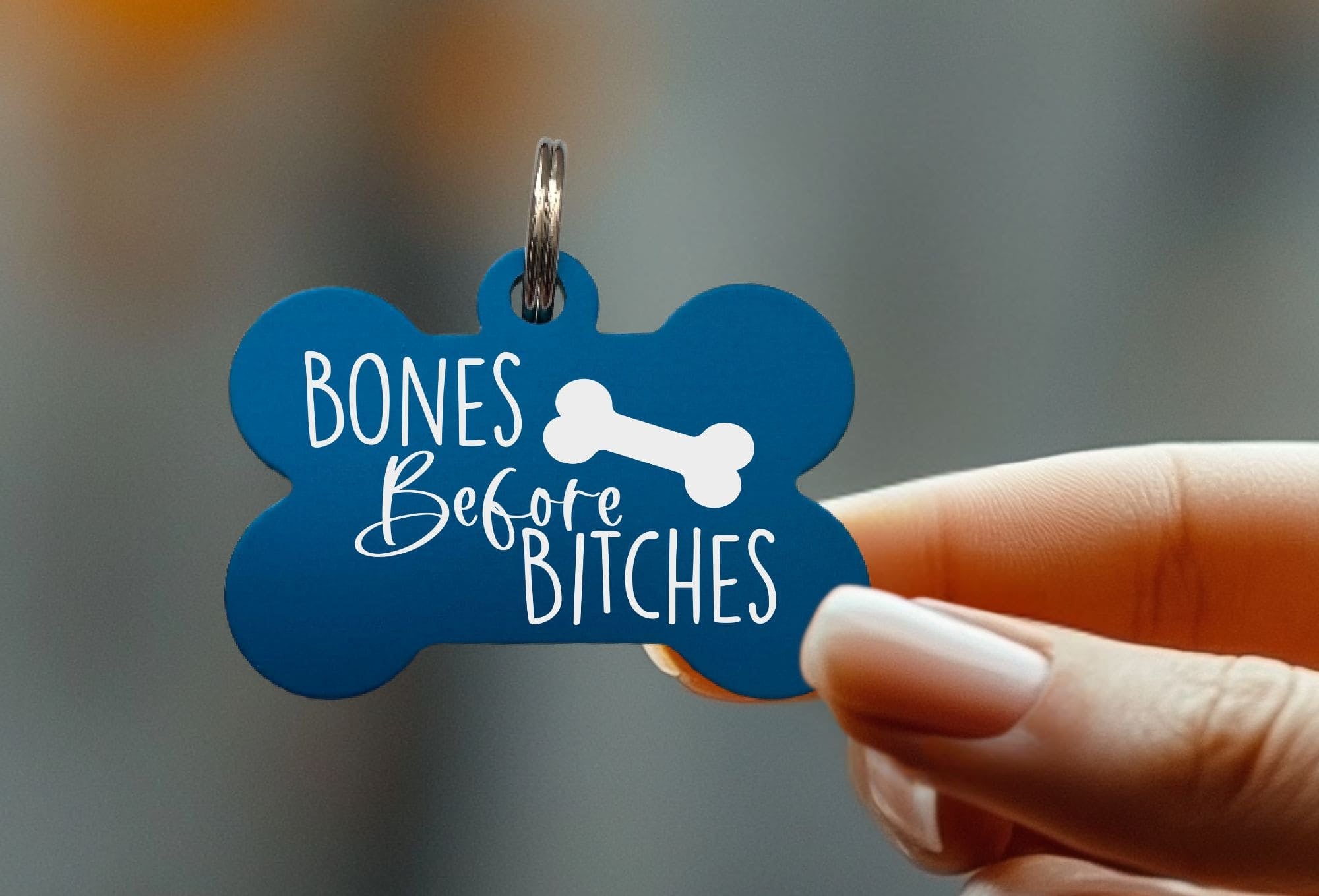 Custom pet ID tag with 'Bones Before Bitches' - East Coast Engraving