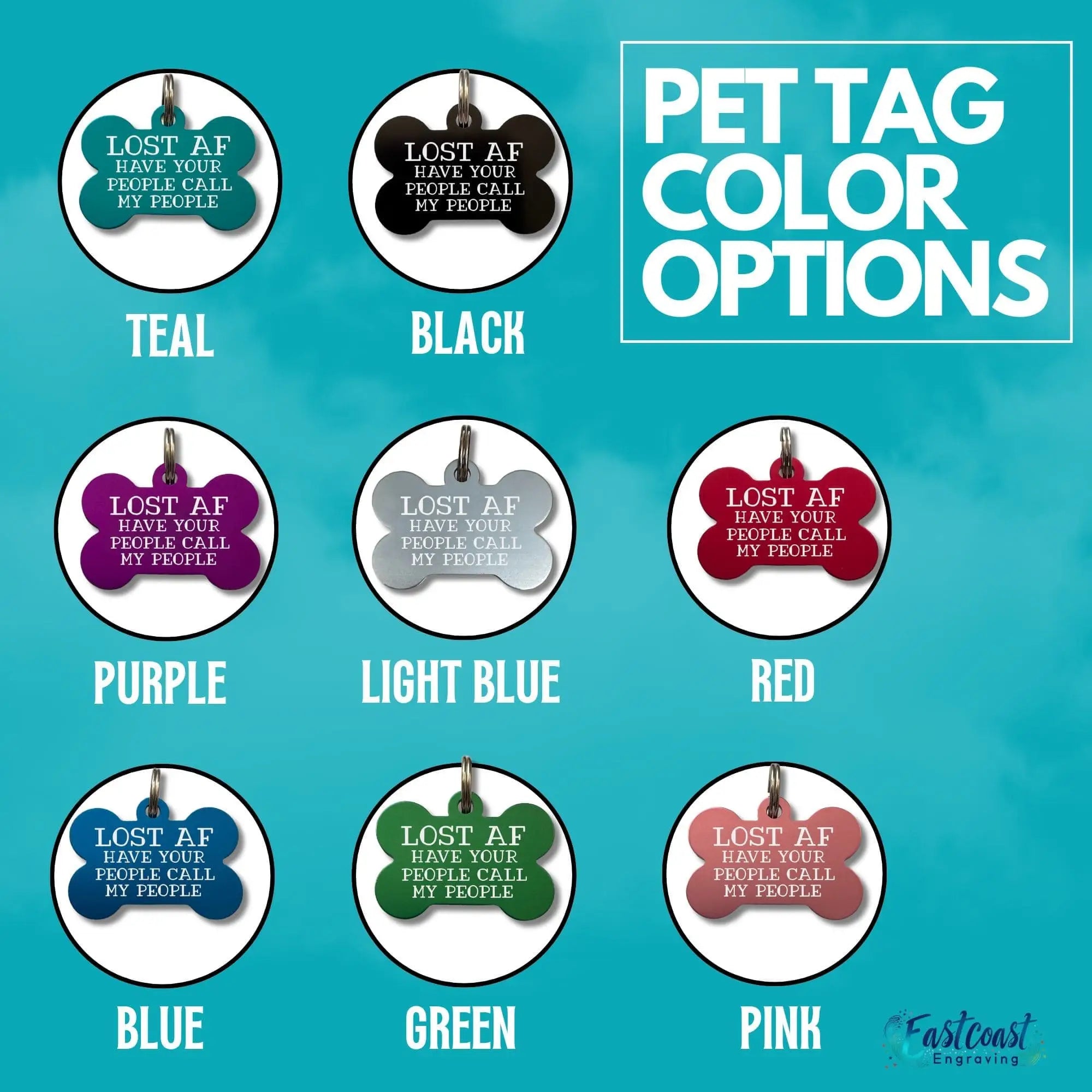 Dog ID tag color options chart showing multiple pet tag colors available for engraved dog tags