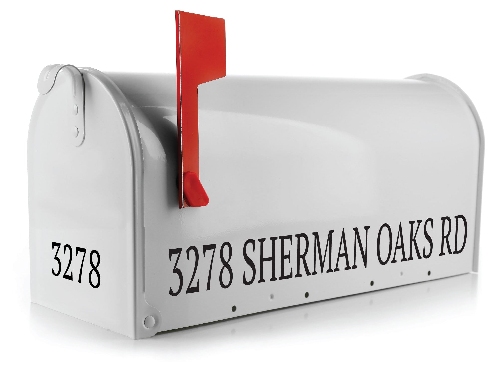 One-line vinyl mailbox decal applied to black mailbox side