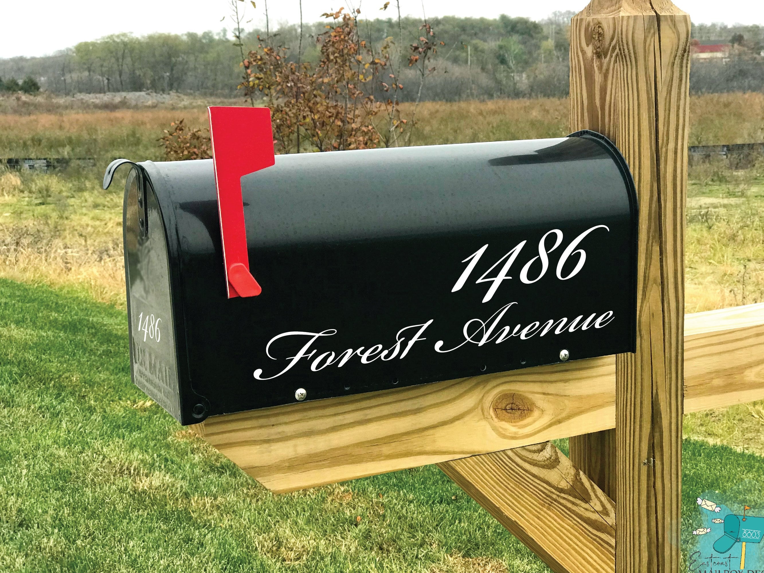 vinyl mailbox decal featuring house number and street name