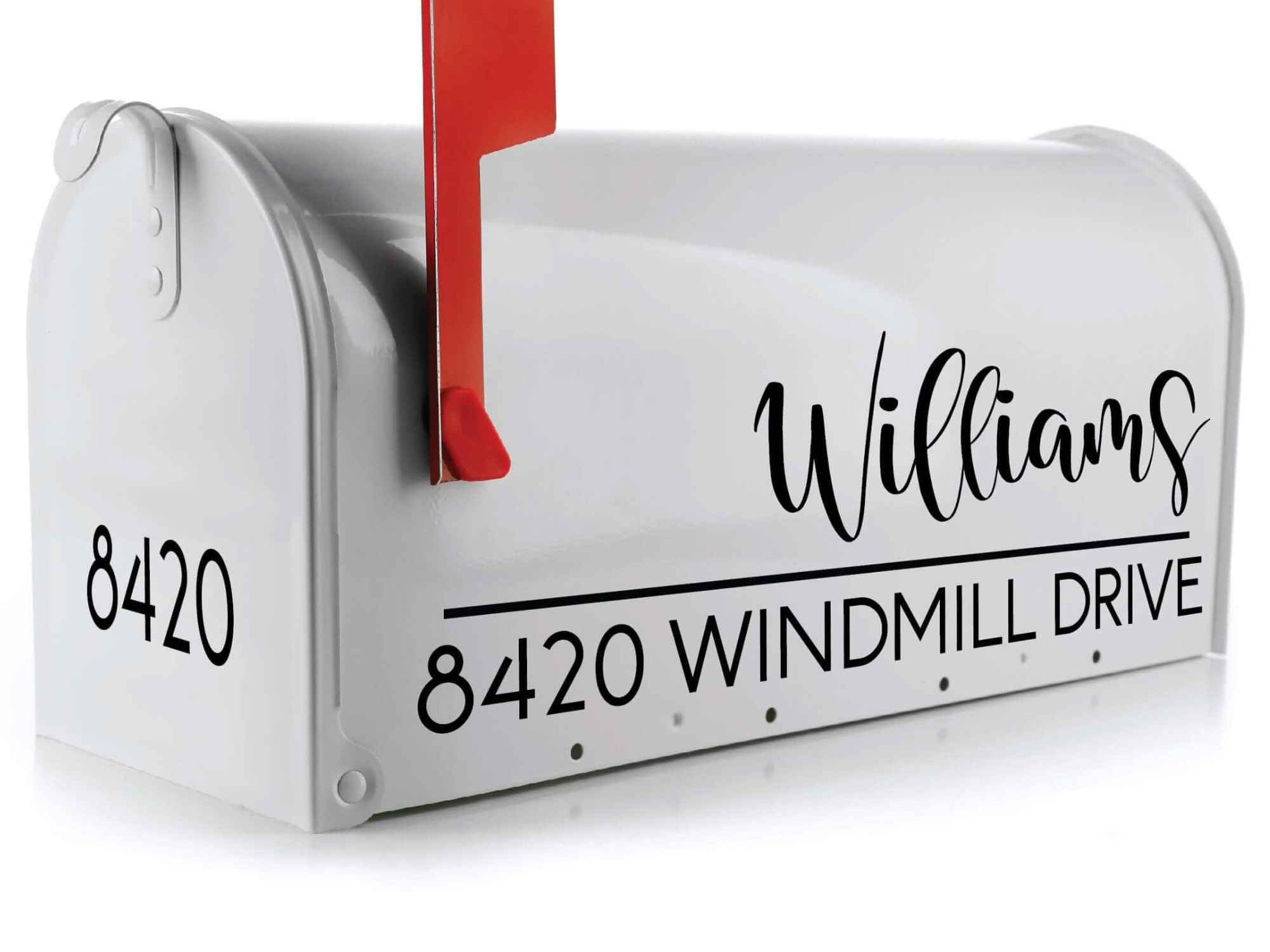 mailbox lettering decal showing bold last name in script font