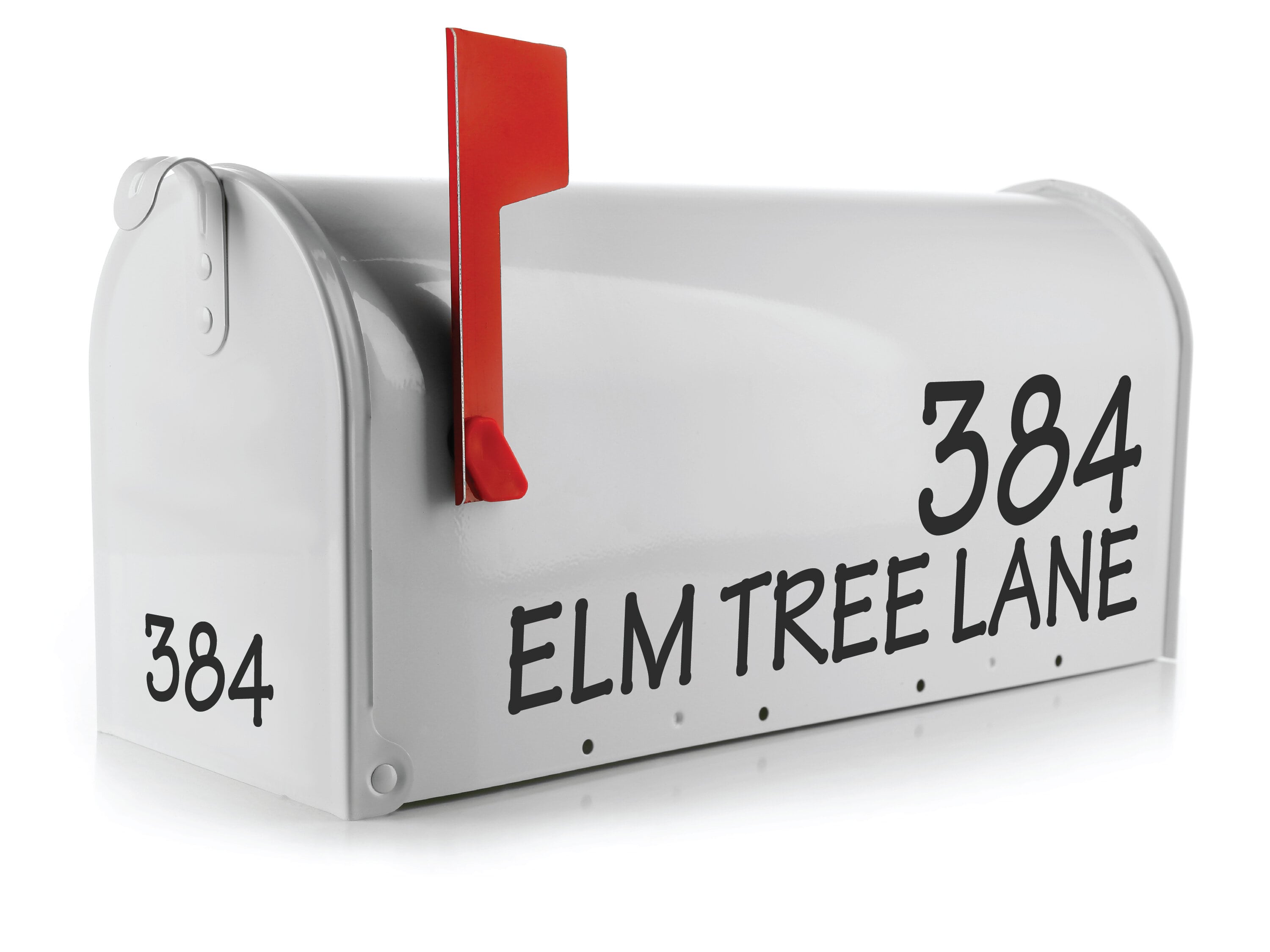 Custom vinyl mailbox number and address decal in two-piece layout