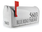 Vinyl house number and address decal on standard white mailbox