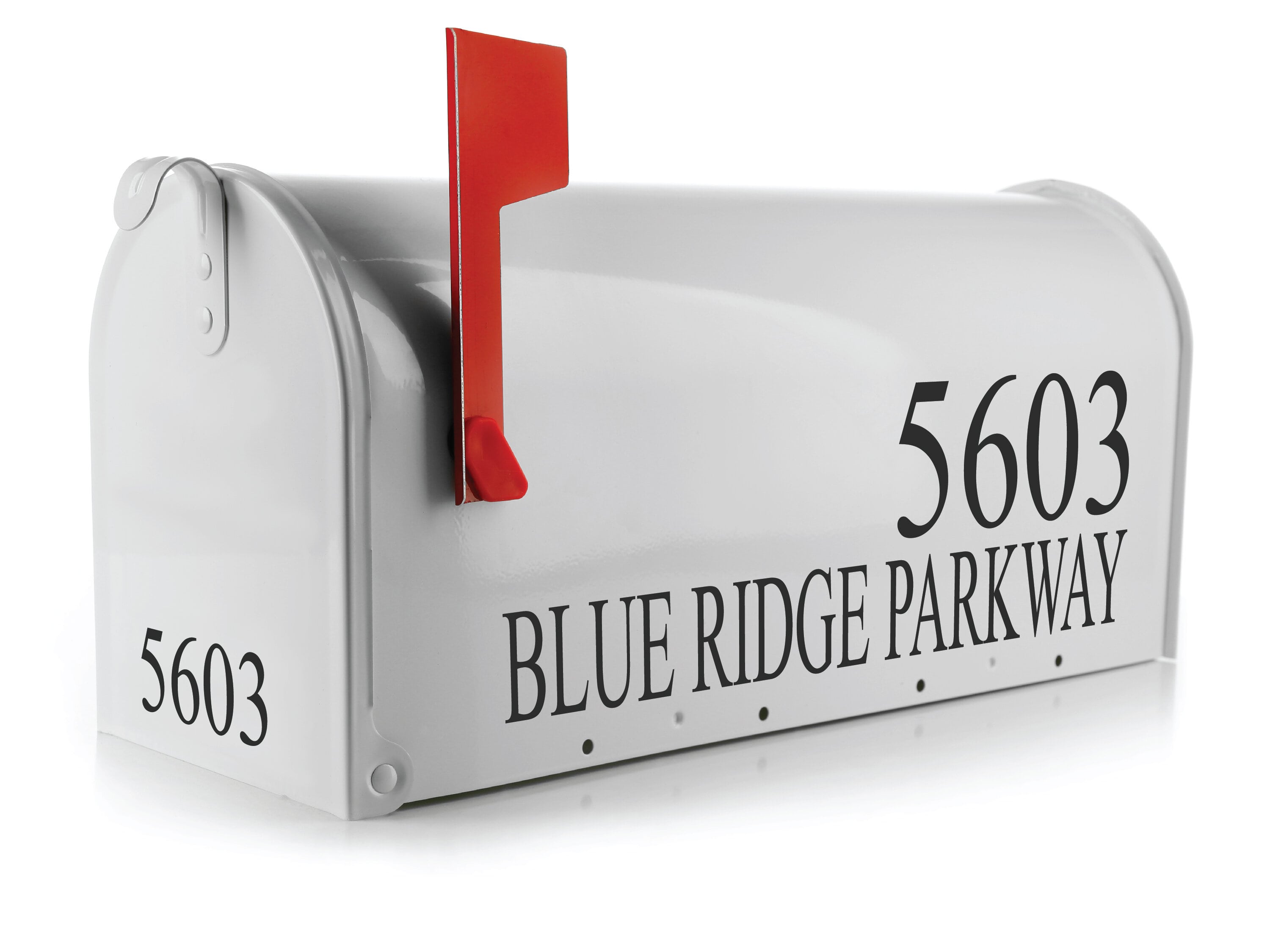 Vinyl house number and address decal on standard white mailbox