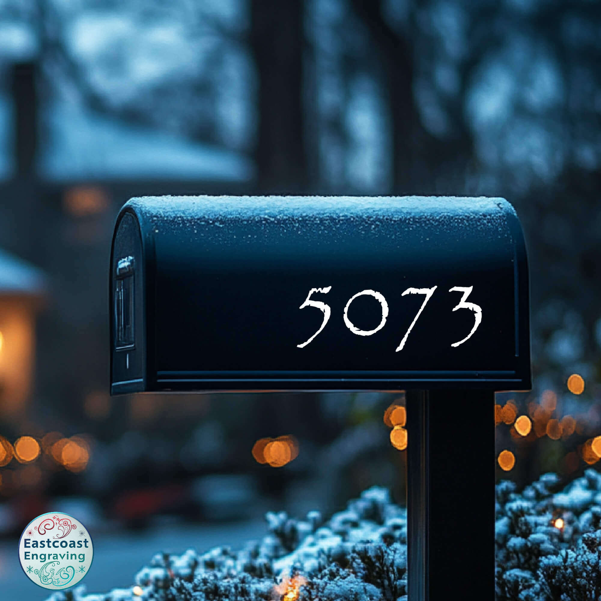 Custom vinyl mailbox numbers applied to a white mailbox for sleek and professional look.