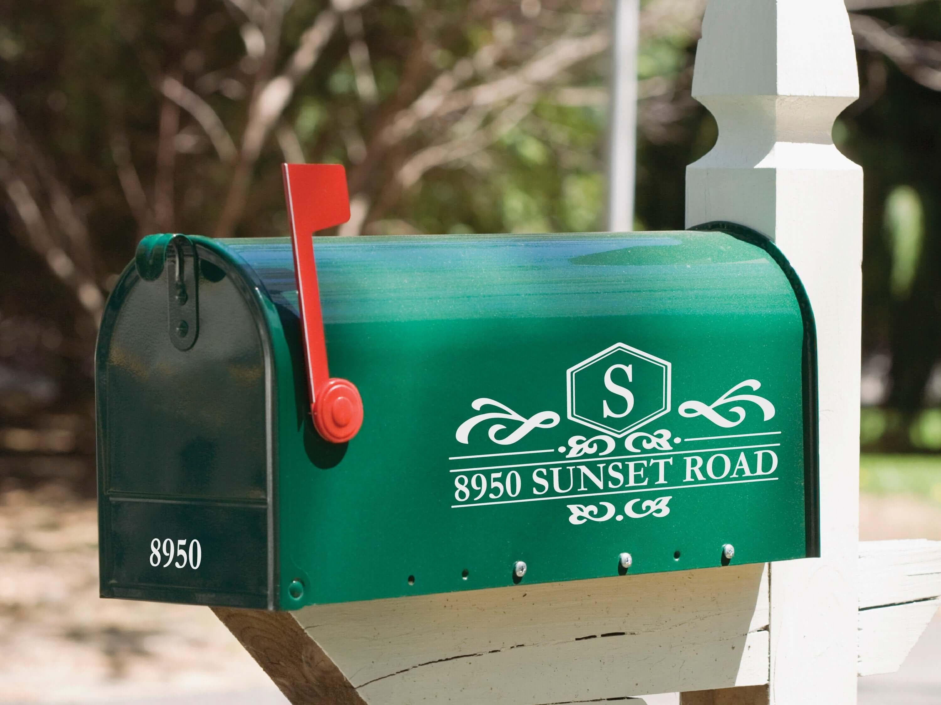 Vinyl address mailbox decal with scroll frame and personalized monogram