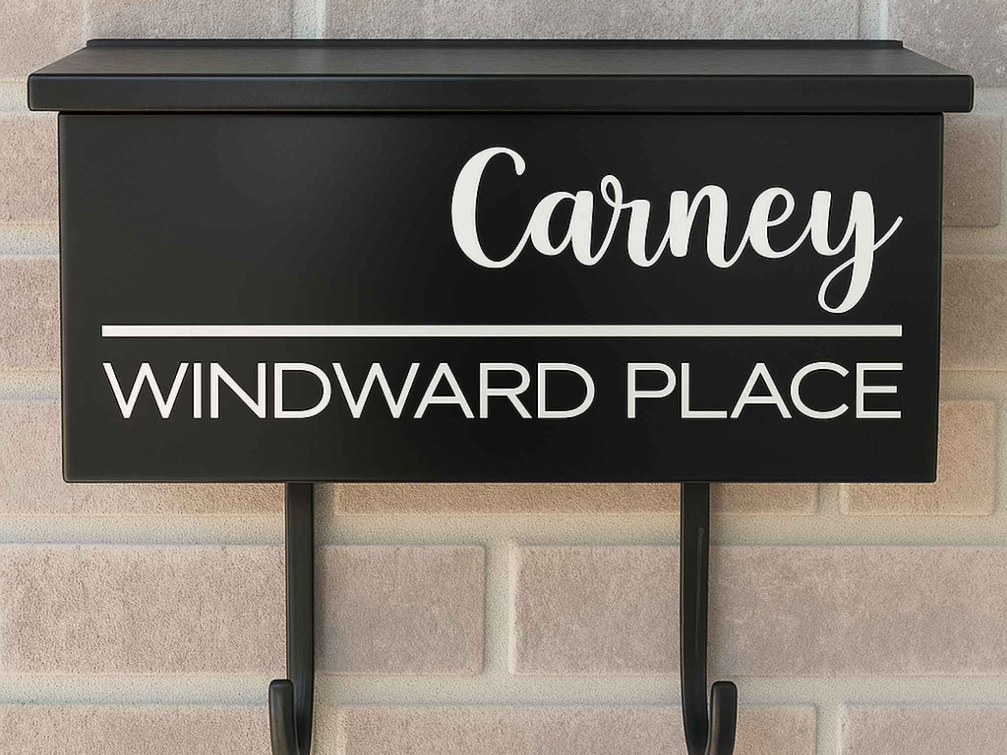 Wall mount mailbox decal with modern script and block lettering for family name and street