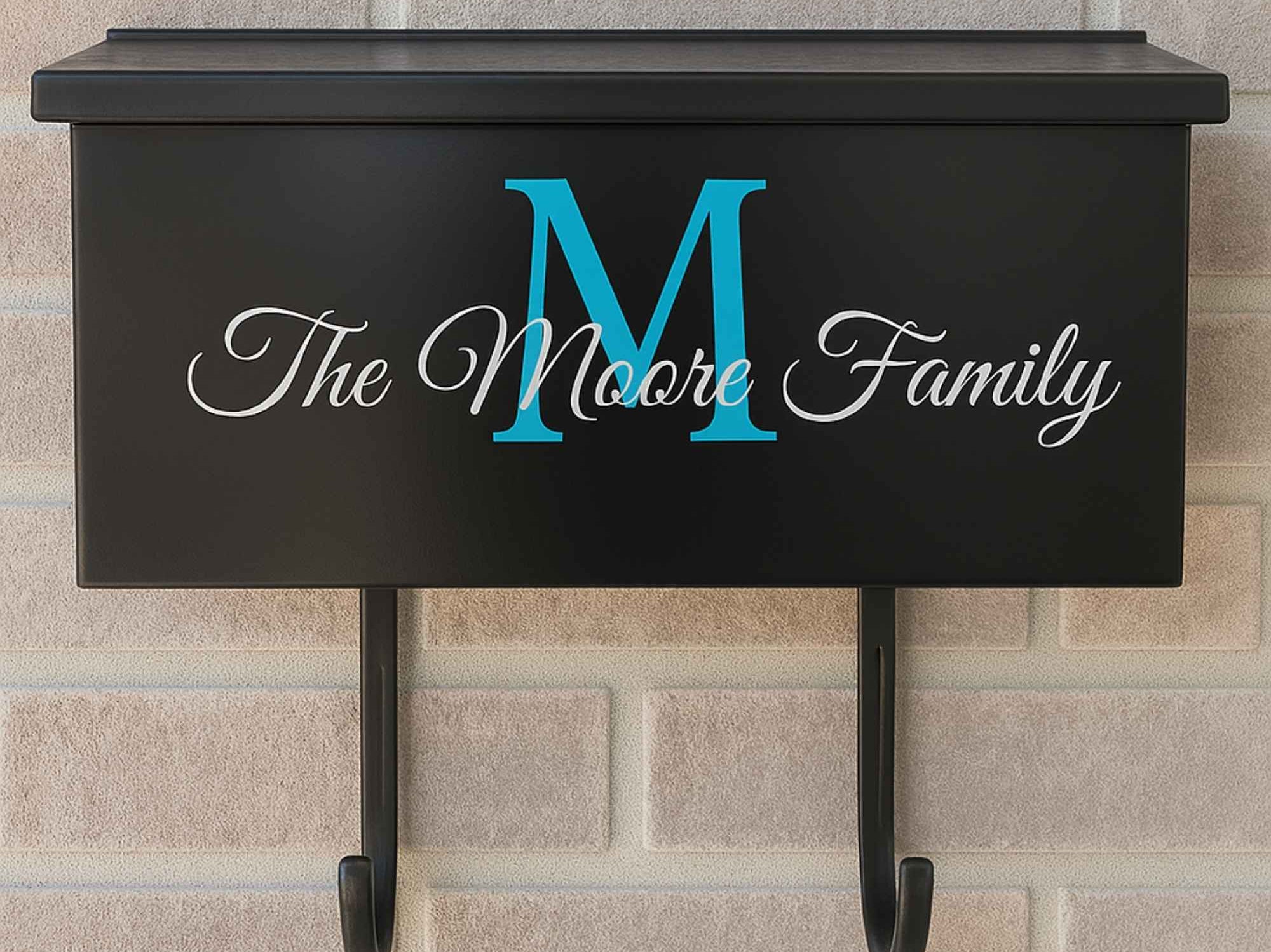 Elegant wall mount mailbox decal featuring a custom initial and family name in script font