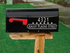 Close-up of custom street number and address decal on a black mailbox - Eastcoast Engraving