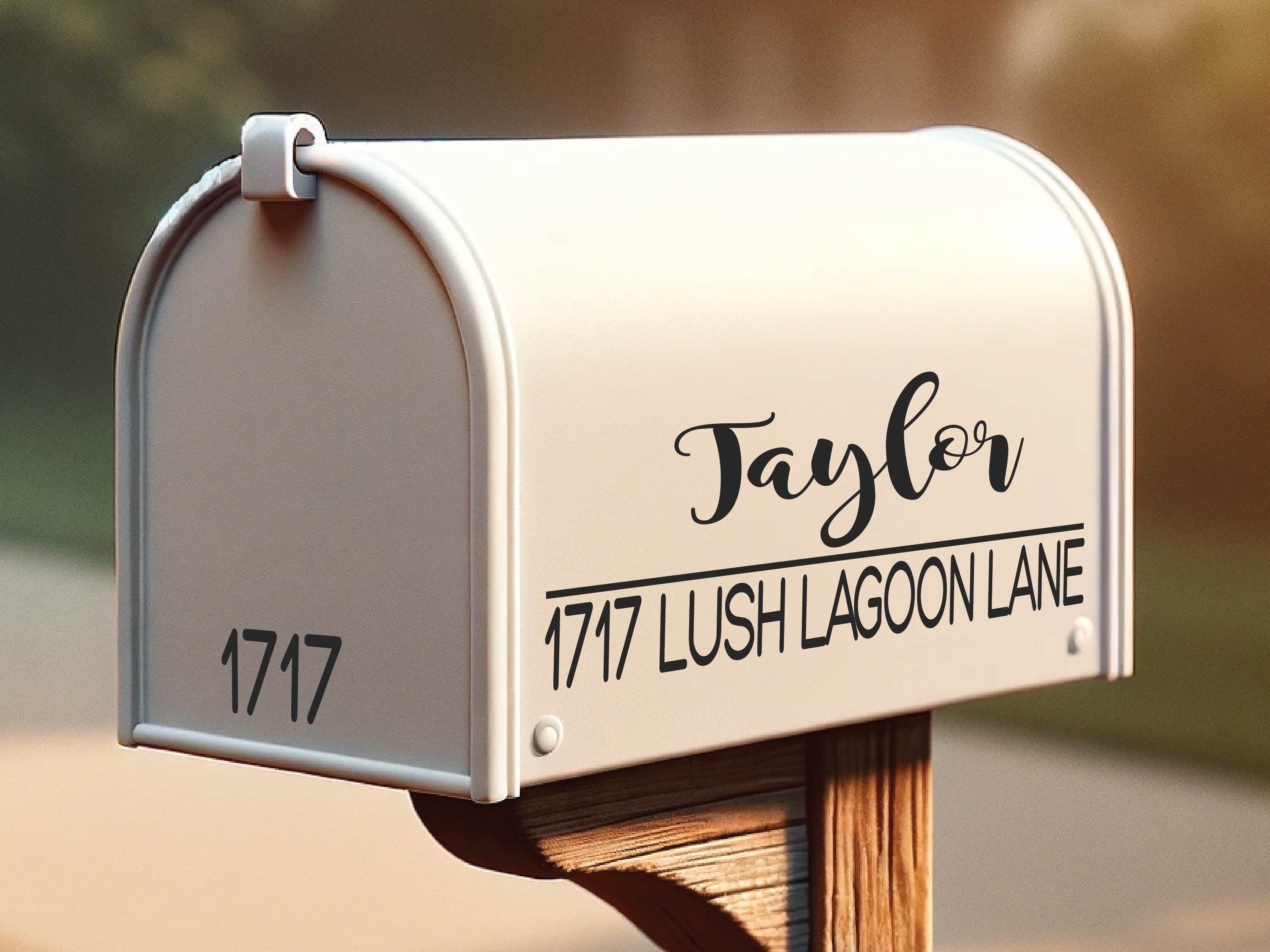 Modern mailbox with weatherproof address label in matte black vinyl