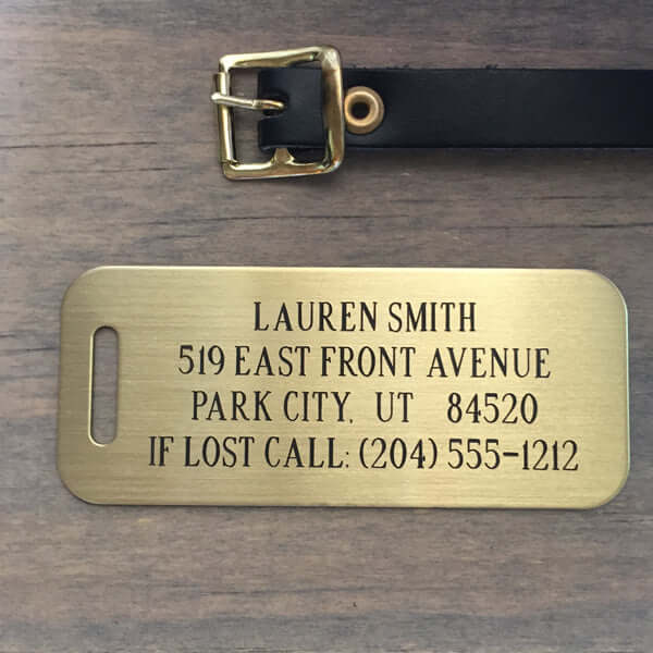 Gold luxury luggage tag with custom text