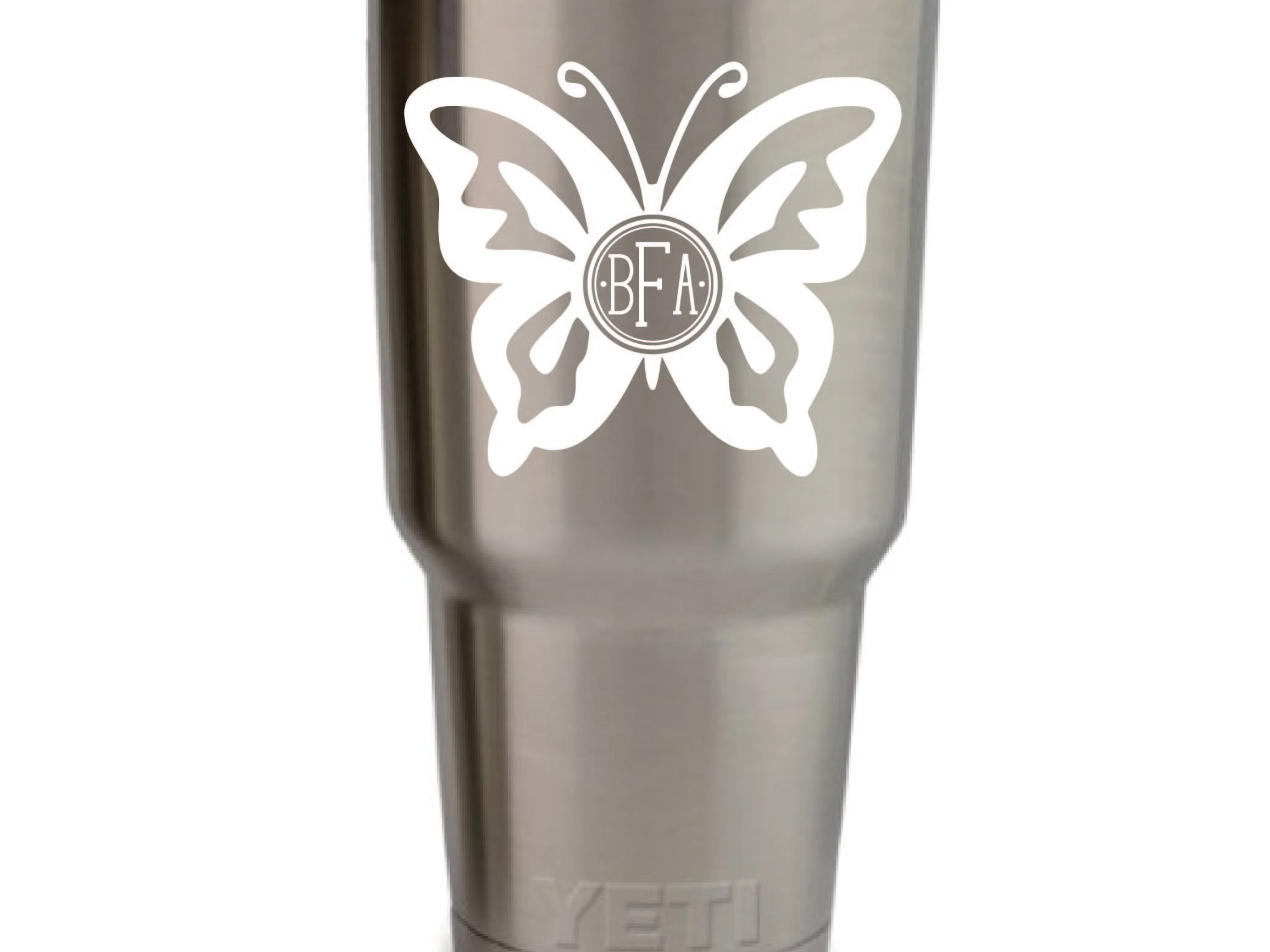 Butterfly vinyl monogram decal, personalized with three initials, 3.35 x 3.35 inch custom sticker for tumblers, cups, laptops, and tech devices