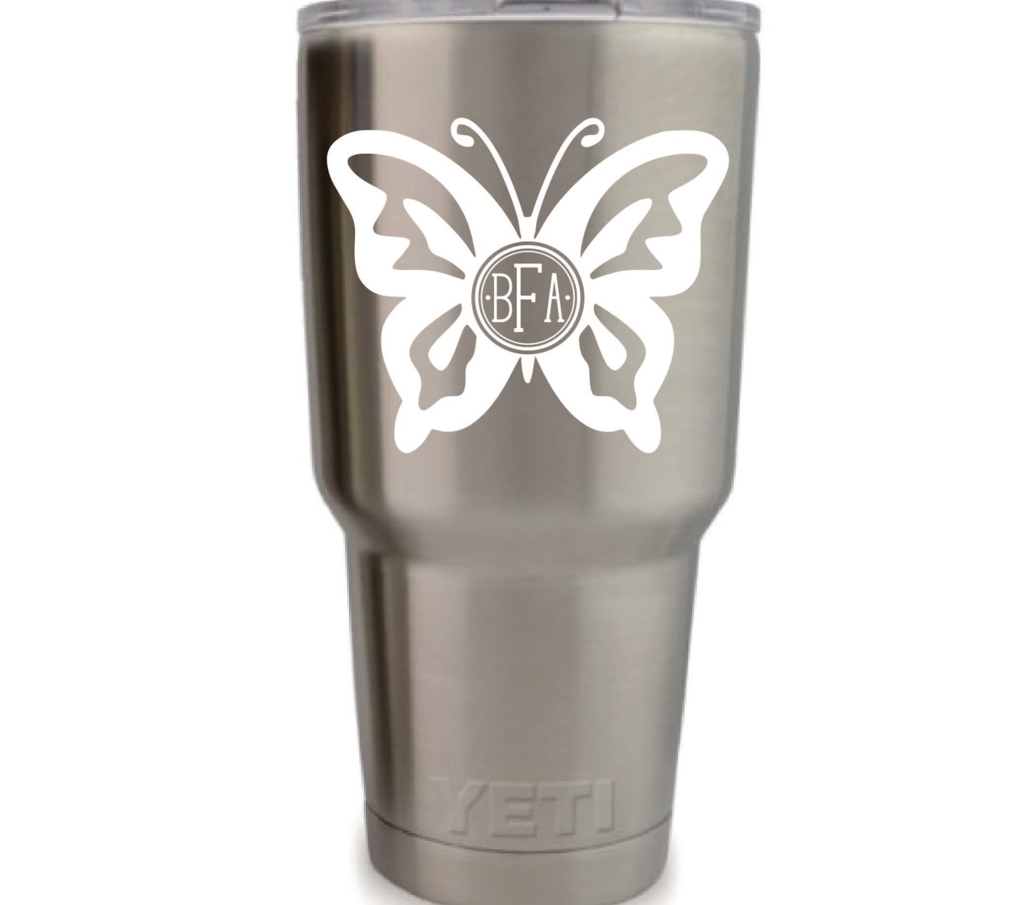 Butterfly vinyl monogram decal, personalized with three initials, 3.35 x 3.35 inch custom sticker for tumblers, cups, laptops, and tech devices