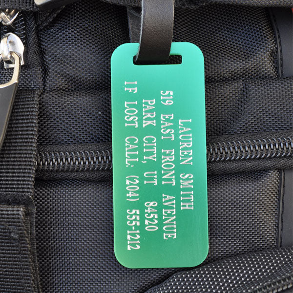 Green Personalized Aluminum Luggage Tag with Leather Strap