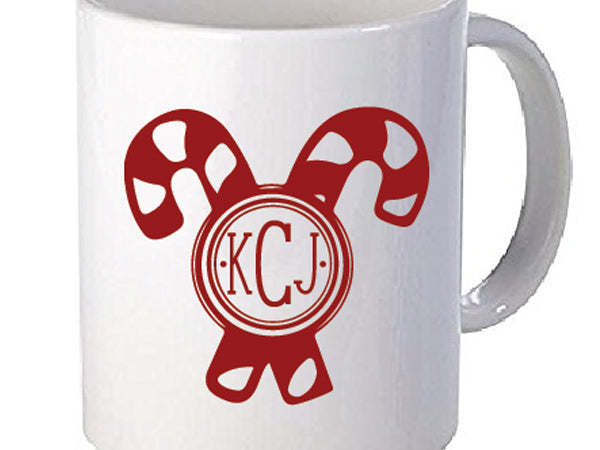 Candy Cane Monogram Vinyl Decal, personalized 3.5 x 3.5 inch holiday sticker for tumblers, cups, and laptops