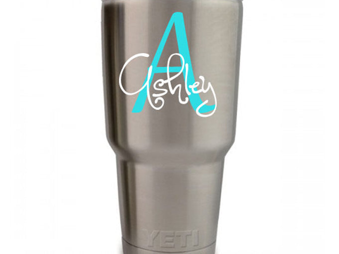 Custom name and initial vinyl decal in script design for tumblers, laptops, and flat surfaces.