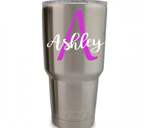Custom Script Font Name Decal, personalized vinyl sticker with letter and name, 3.35 x 3.35 inches for tumblers, cups, and laptops