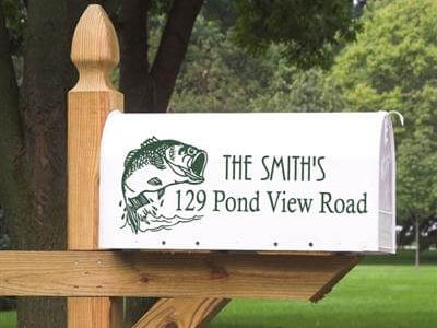 Custom bass mailbox decal with fishing design, made from durable outdoor vinyl