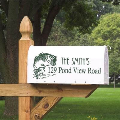 Custom bass mailbox decal with fishing design, made from durable outdoor vinyl