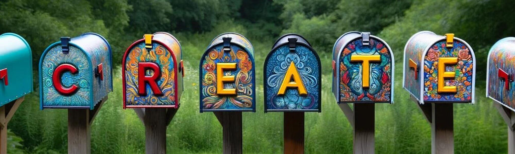 GPT  A row of five vibrantly painted mailboxes, each adorned with a letter from the word "CREATE," set against a verdant hillside background