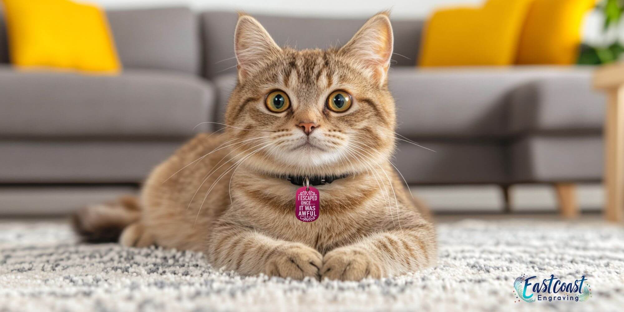 Funny cat ID tag with engraved text "I escaped once… it was awful" on a tabby cat wearing a black collar, lying on a carpet with a cozy living room background by Eastcoast Engraving