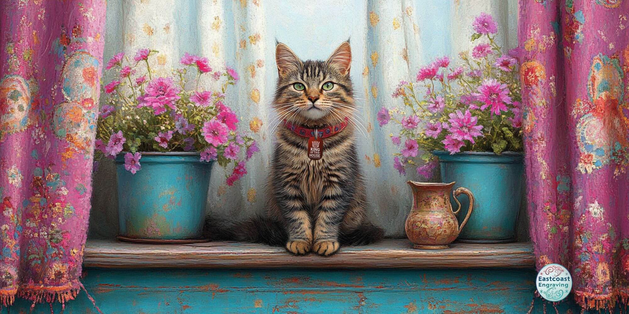 A regal tabby cat wearing a red collar with a funny engraved ID tag that reads "King of the House," sitting on a vintage windowsill surrounded by vibrant pink flowers and colorful curtains