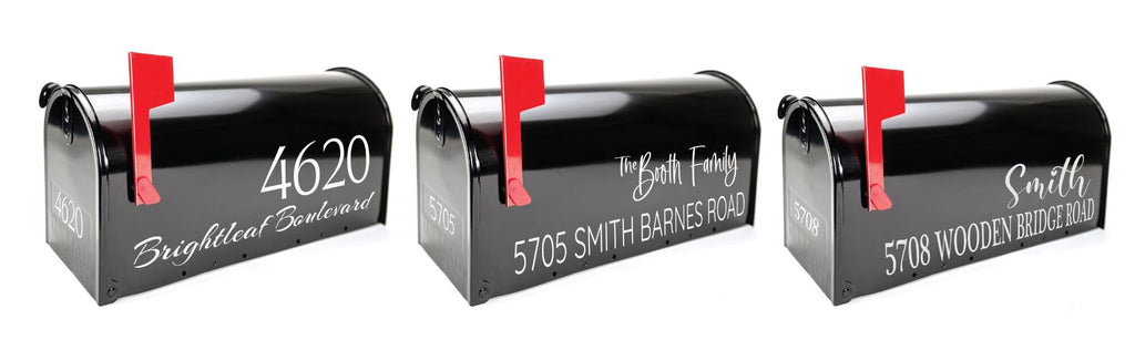Assortment of custom-designed black mailboxes, showcasing various styles and personalization options, set against a neutral background for emphasis.