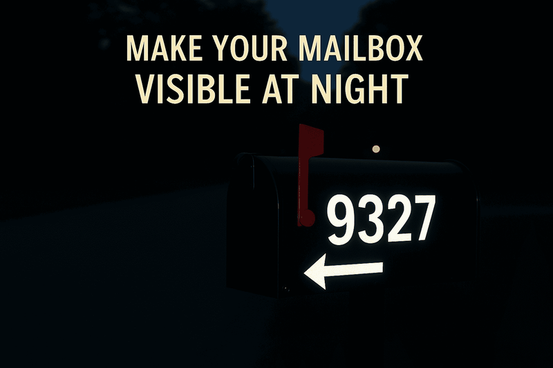 Reflective mailbox numbers and arrow decal glowing at night for visibility