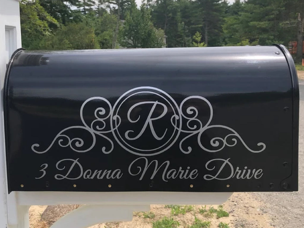 Custom mailbox lettering with initial and script design, featuring optional door decal