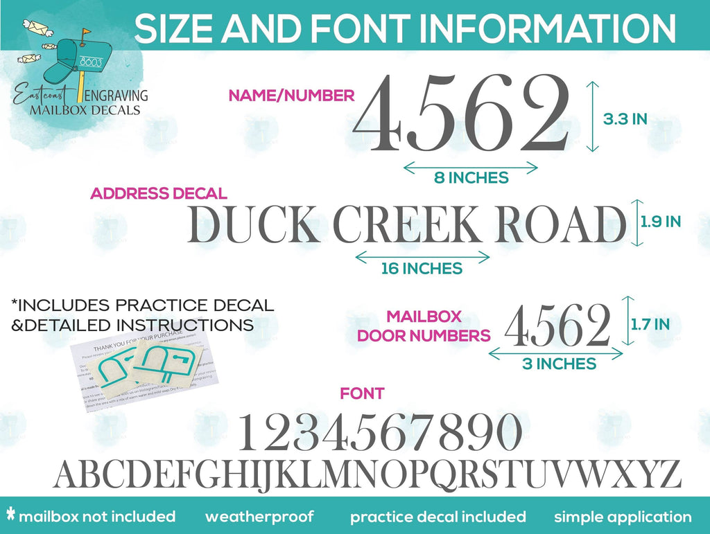 Size and font chart for Elegant Mailbox Address Decals detailing customizable options