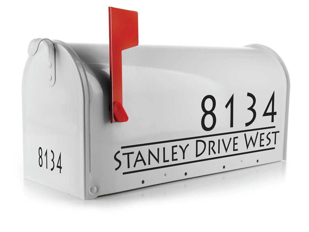 Custom mailbox decal with personalized house numbers in modern design on residential mailbox