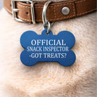 Blue bone shaped pet tag with funny saying official snack inspector got treats