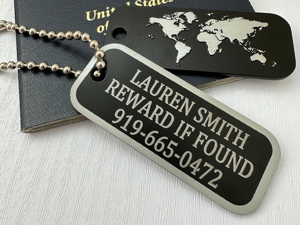 Black World Map Luggage Tag with Silver Ball Chain, Customizable with 1-4 Lines