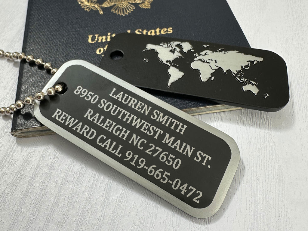 Silver Ball Chain Attachment on Black Luggage Tag with World Map Design