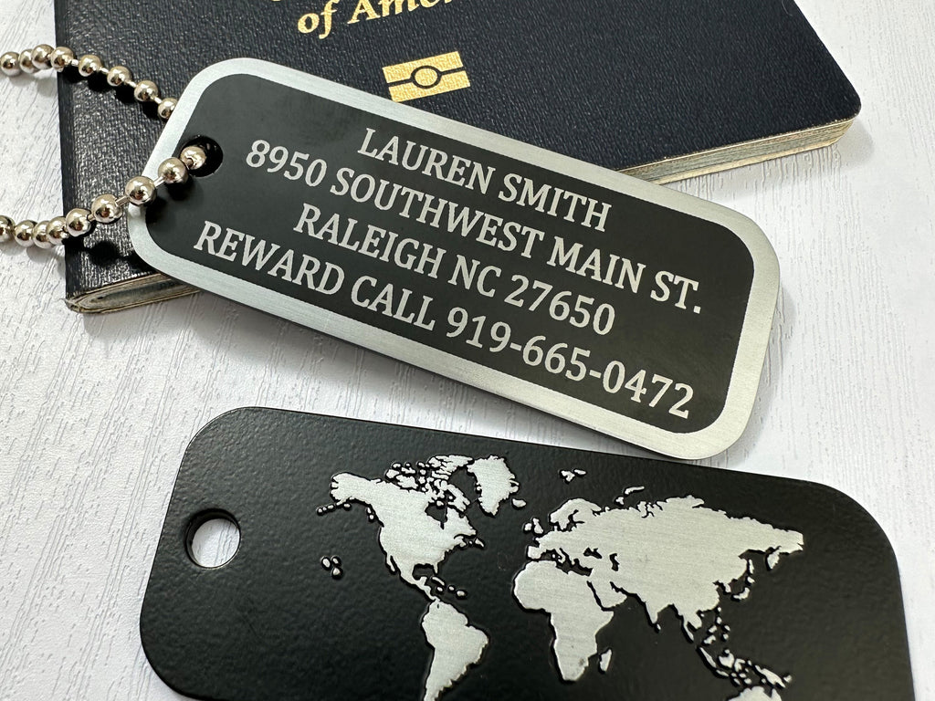 Detailed View of Silver World Map on Black Luggage Tag's Reverse Side