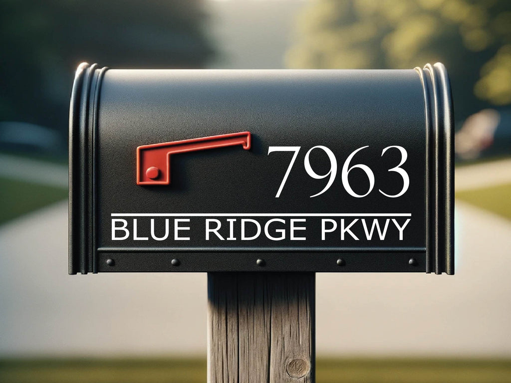 Detailed view of vinyl mailbox decal with personalized house number and address