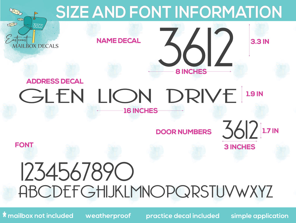 Size and font chart for custom mailbox decals showcasing various lettering and number styles