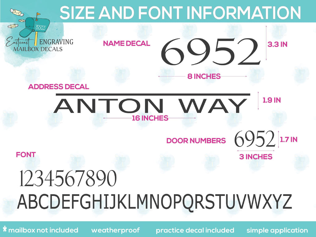 Size and font chart for custom mailbox lettering decals showing various customization options